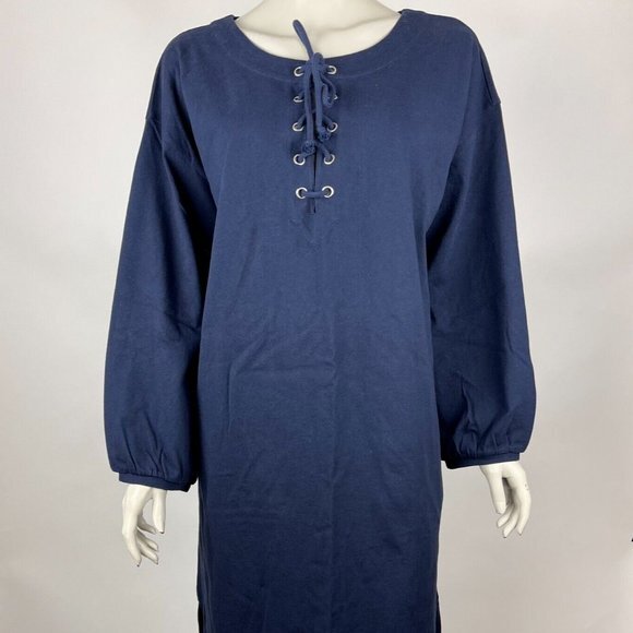 J Crew Lace Up‎ Balloon Sleeve Dress Stretch Cotton Navy Blue AX320 Women XXL - Picture 1 of 14